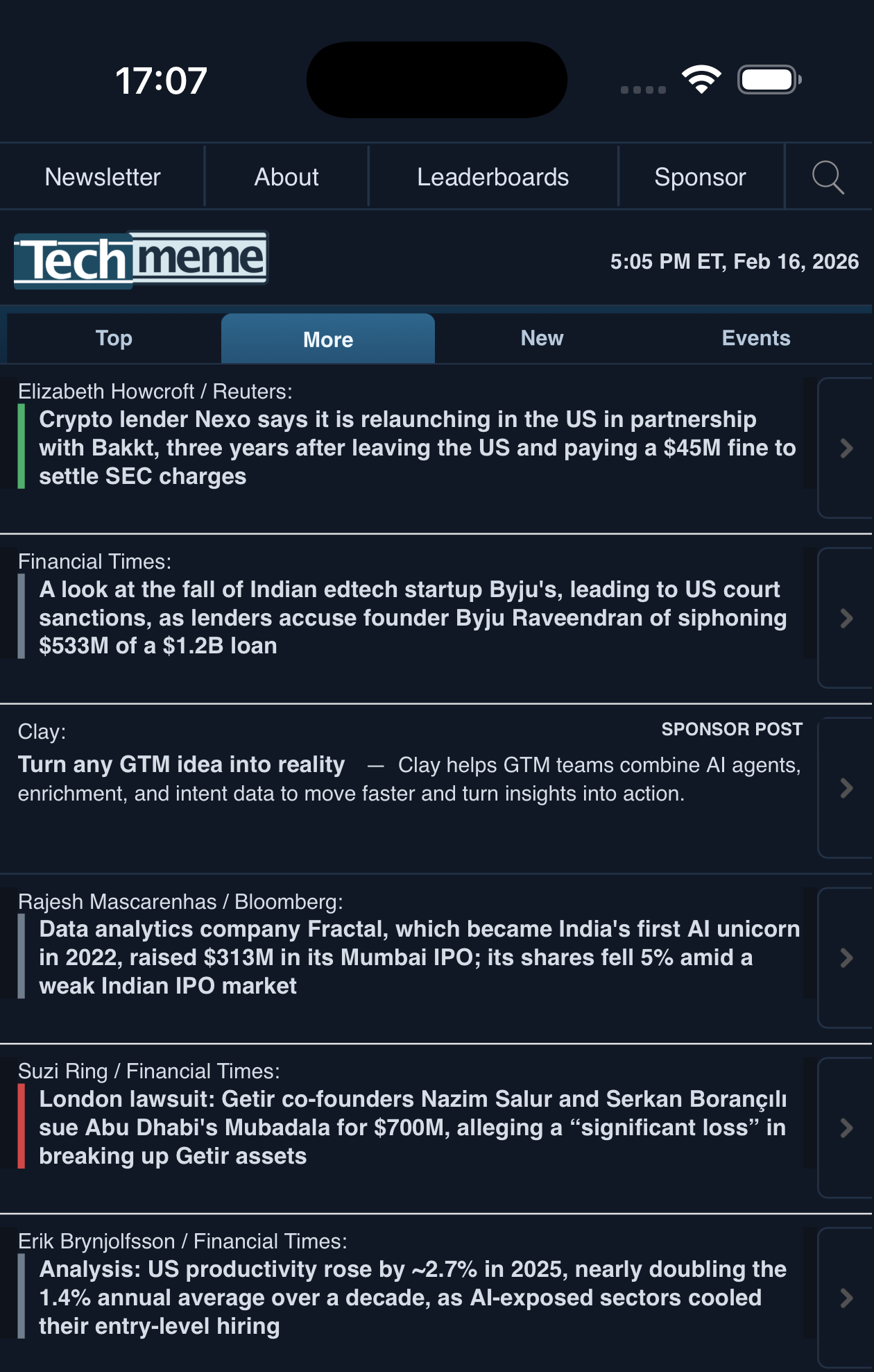 Second iPhone Safari screenshot of Dark Techmeme