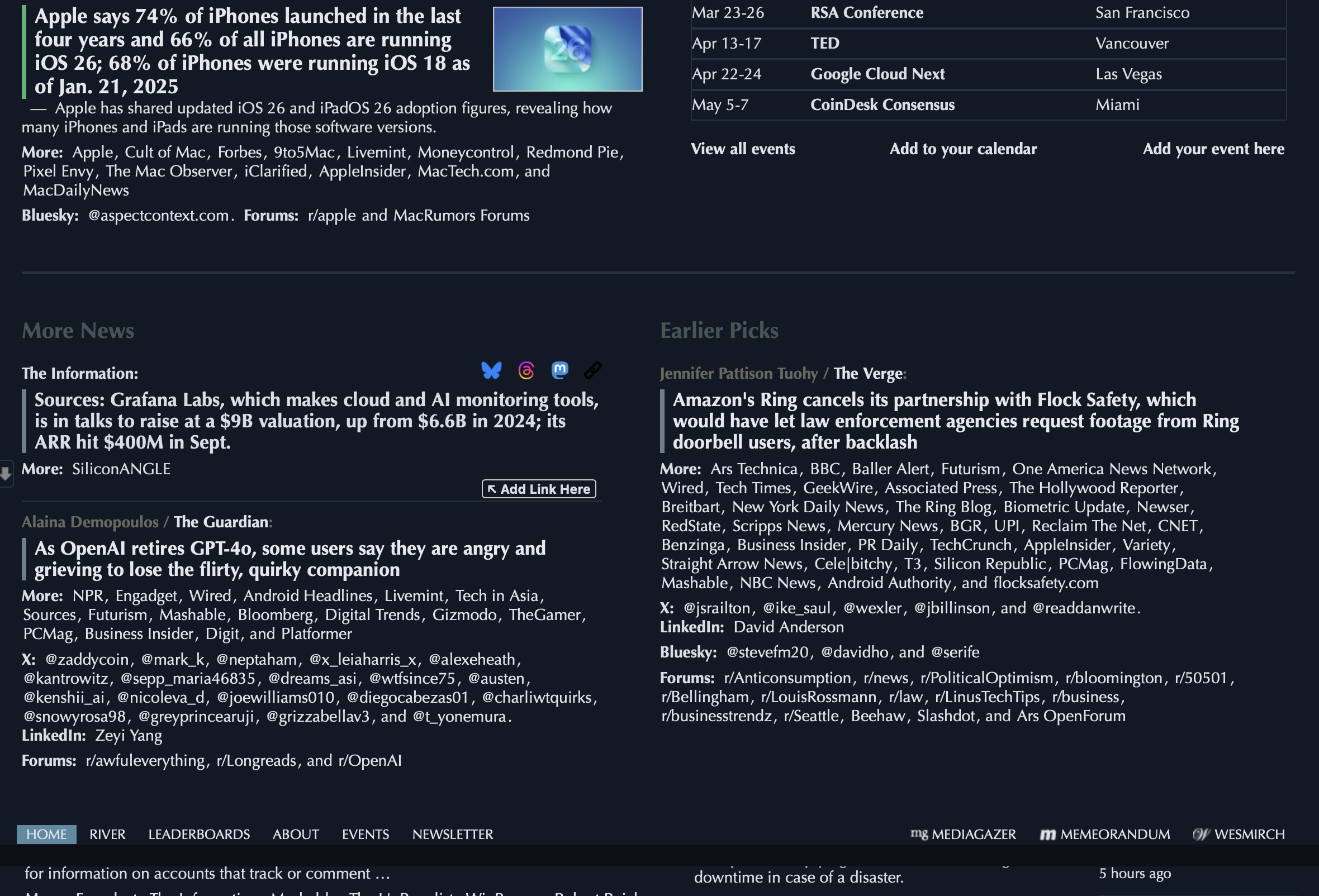 Desktop headline stream screenshot of Dark Techmeme