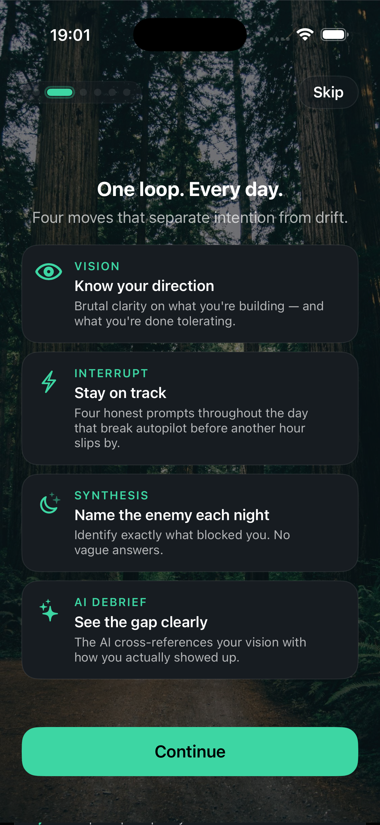 Onboarding screen: One loop. Every day. Four moves that separate intention from drift — Vision, Interrupt, Synthesis, AI Debrief.