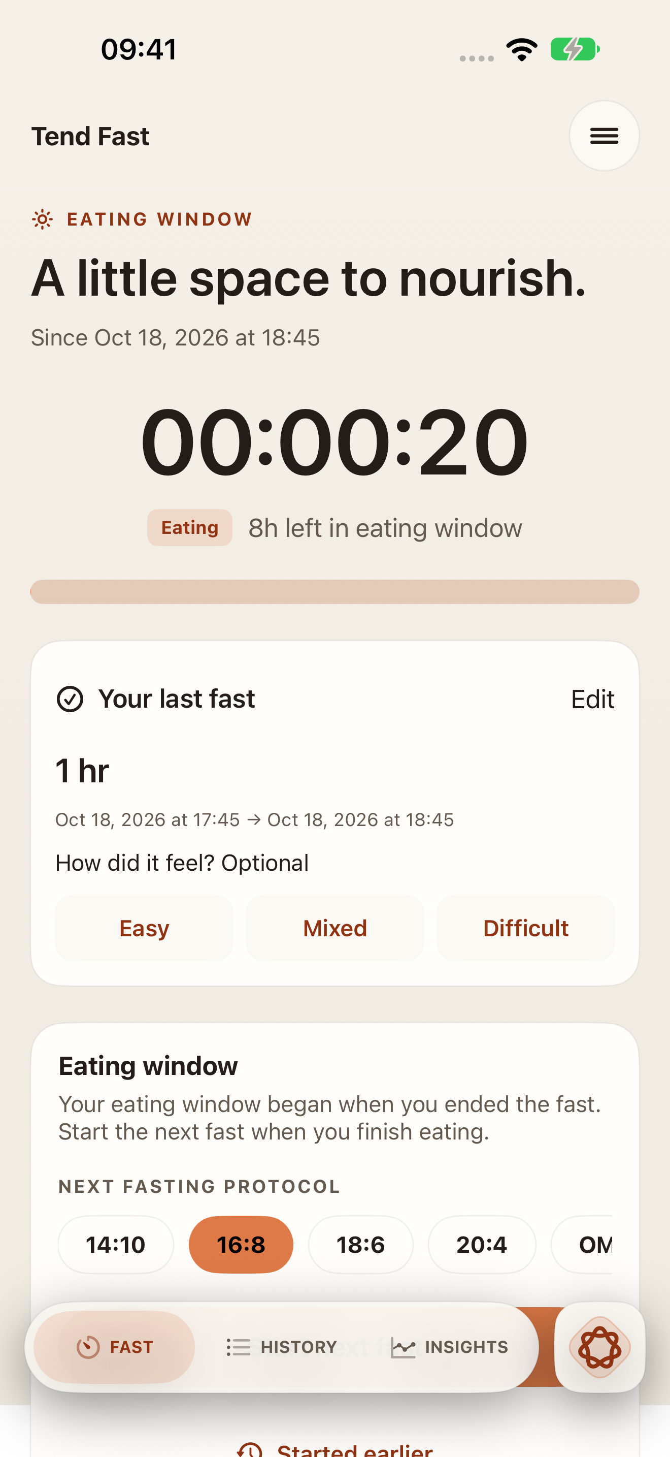 Tend Fast eating-window screen showing elapsed and remaining time and a button to start the next fast