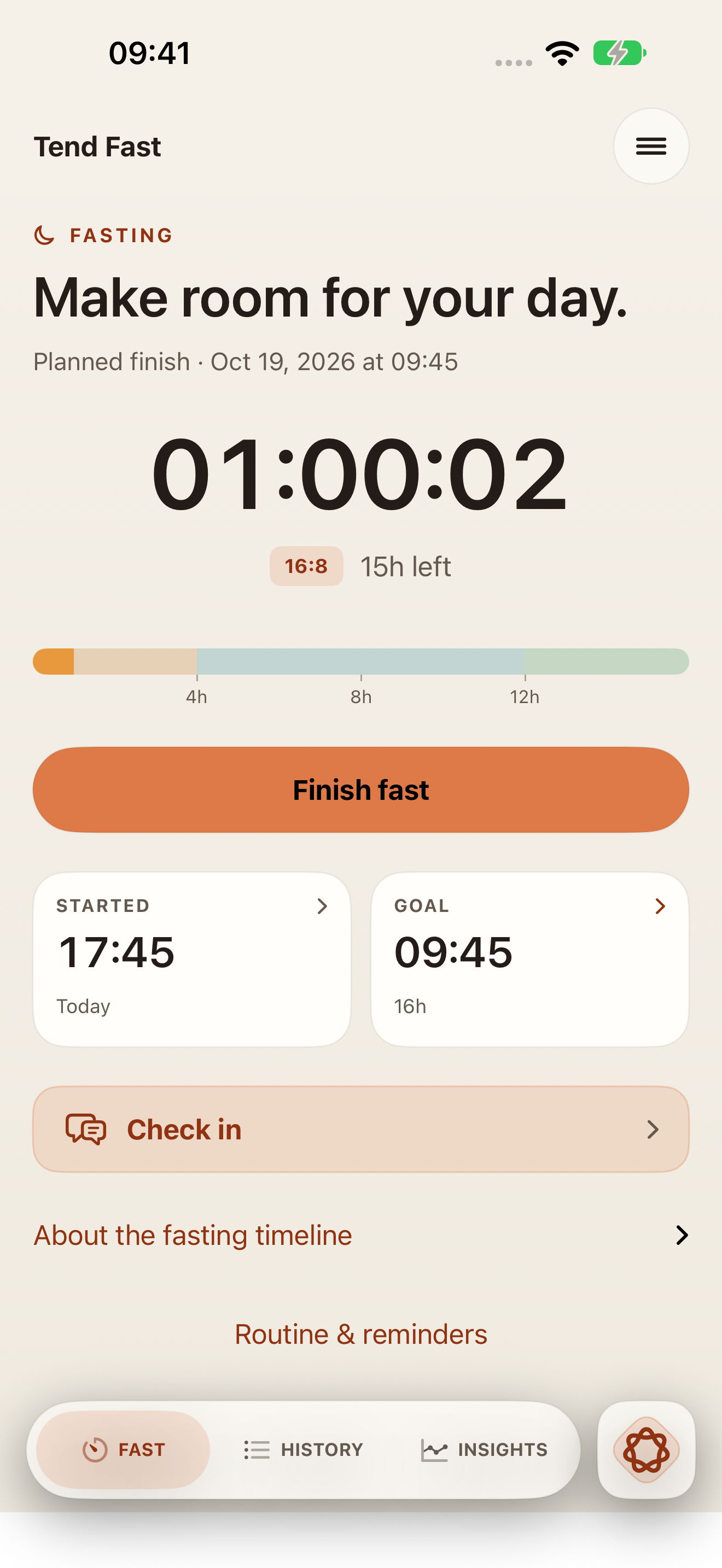Tend Fast fasting screen showing an elapsed timer, a 16:8 goal, and controls to finish or check in