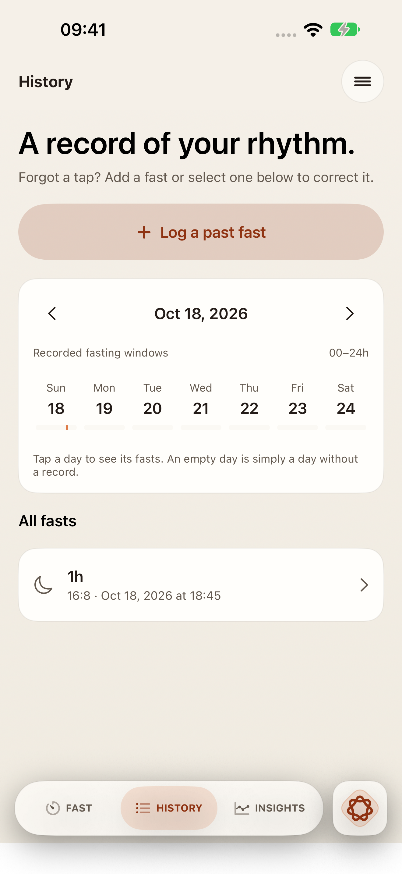 Tend Fast history showing example completed fasting records