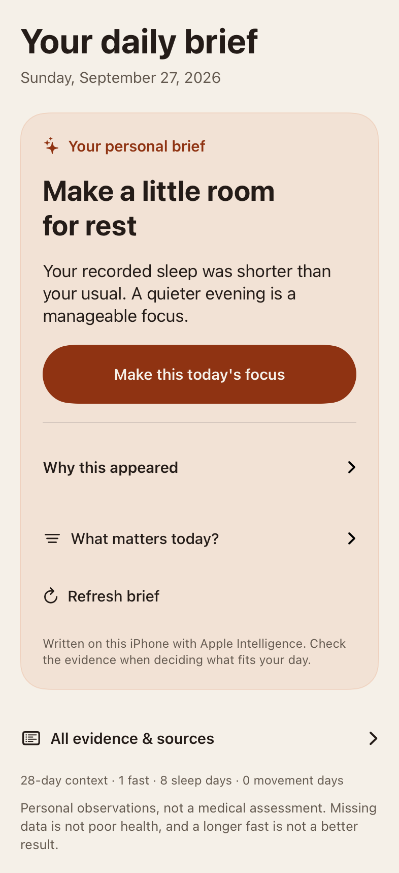 Tend Fast Insights showing a personal daily brief, a next-step action, and controls to inspect the evidence and change the focus. Example data and illustrative text.
