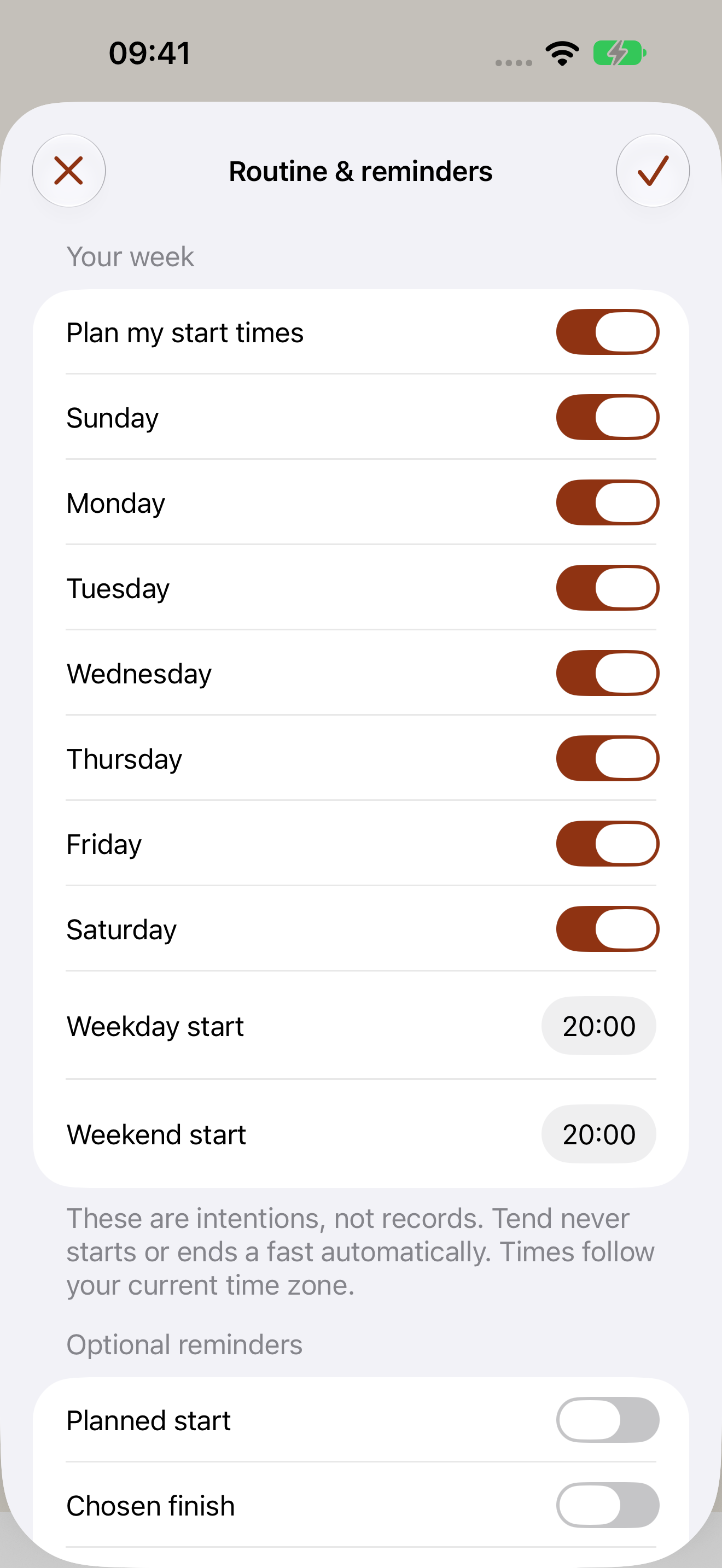 Tend Fast routine settings with days, start time, reminders, and quiet hours