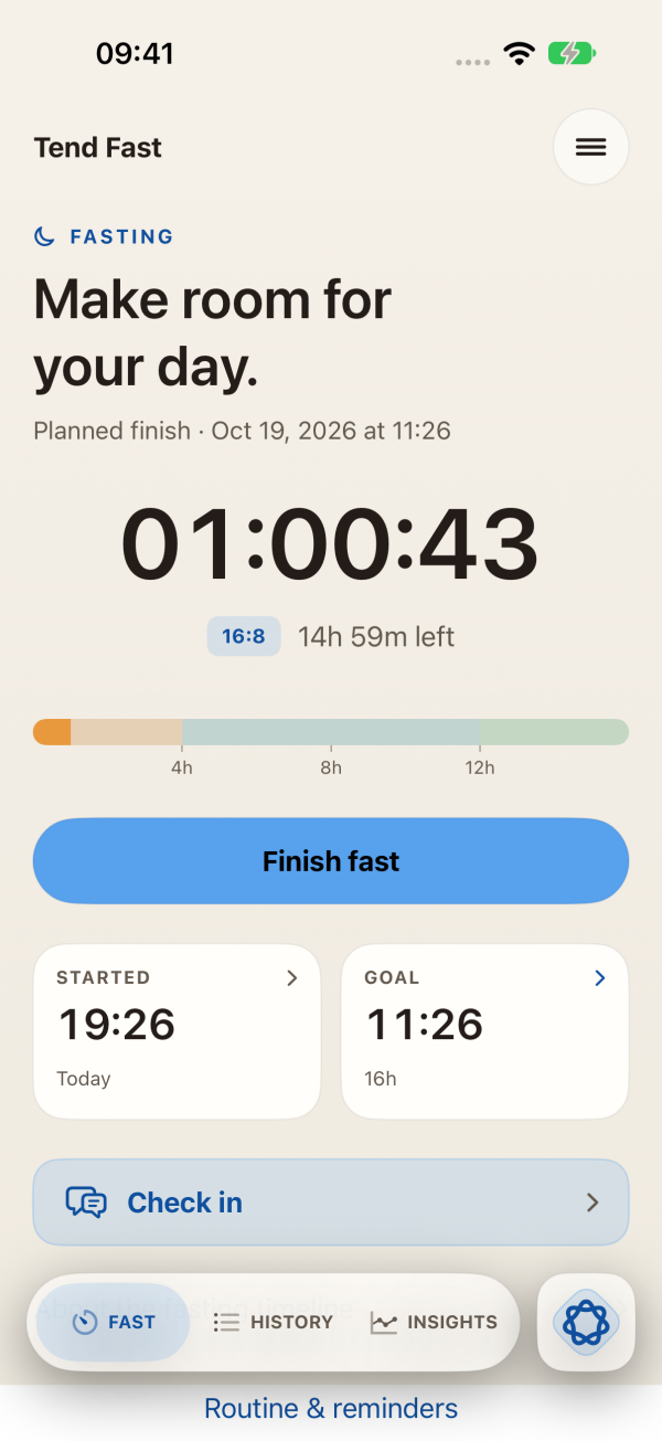 Tend Fast fasting screen with the blue accent