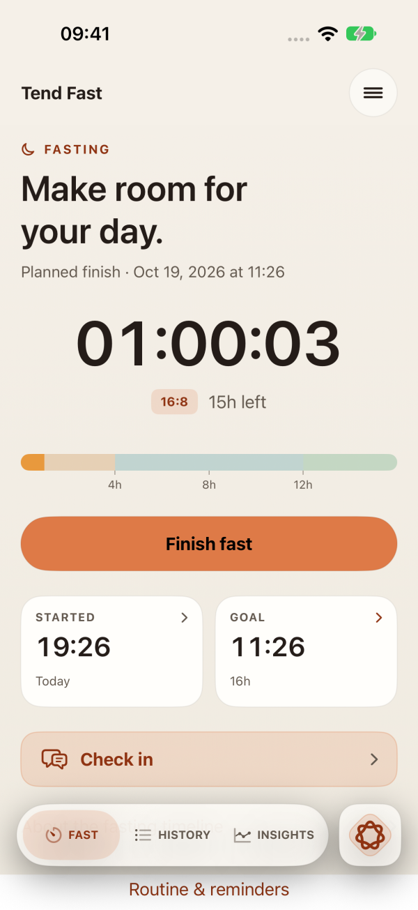 Tend Fast fasting screen with the brown accent