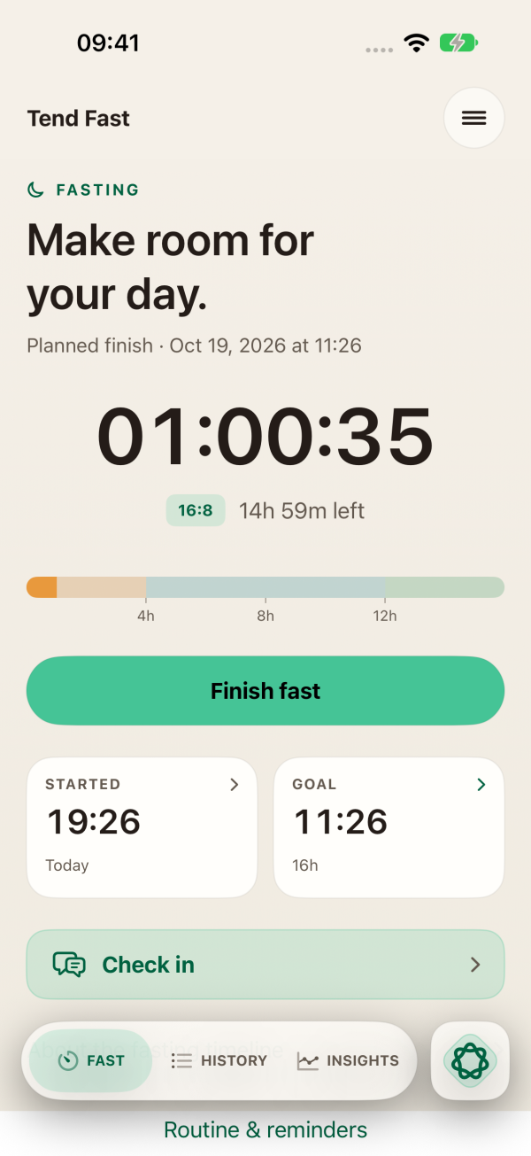 Tend Fast fasting screen with the green accent