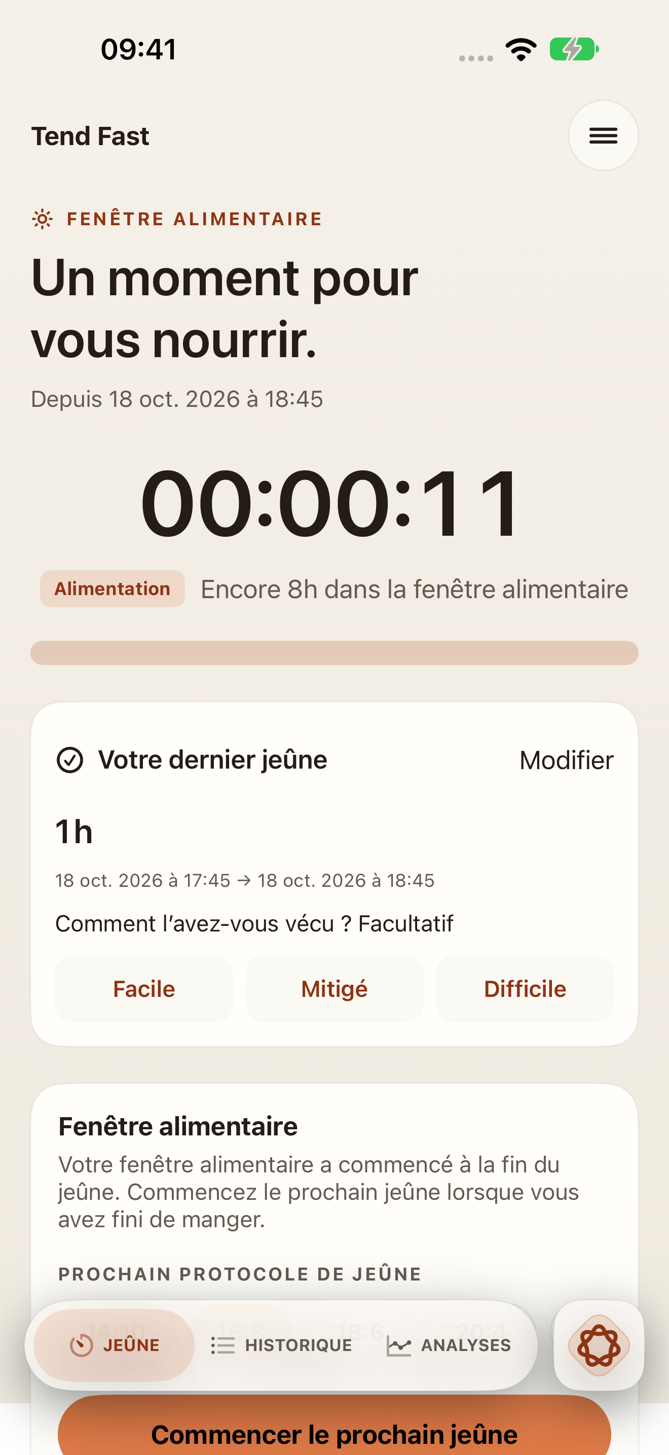 Fenêtre alimentaire Tend Fast avec temps écoulé et restant et bouton pour commencer le prochain jeûne