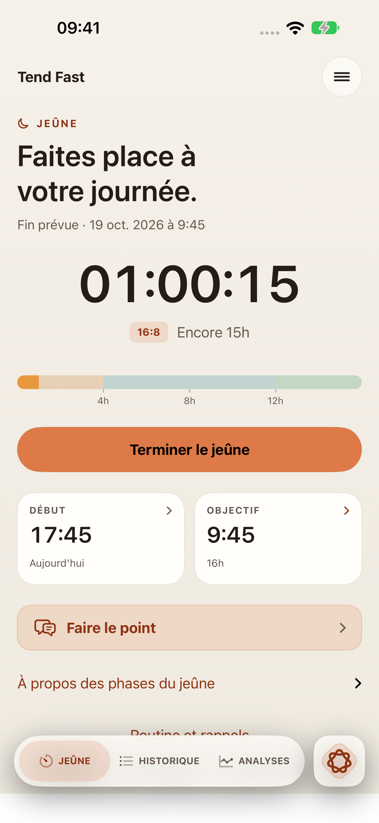 Écran de jeûne Tend Fast avec temps écoulé, objectif 16:8 et commandes pour terminer ou faire un bilan