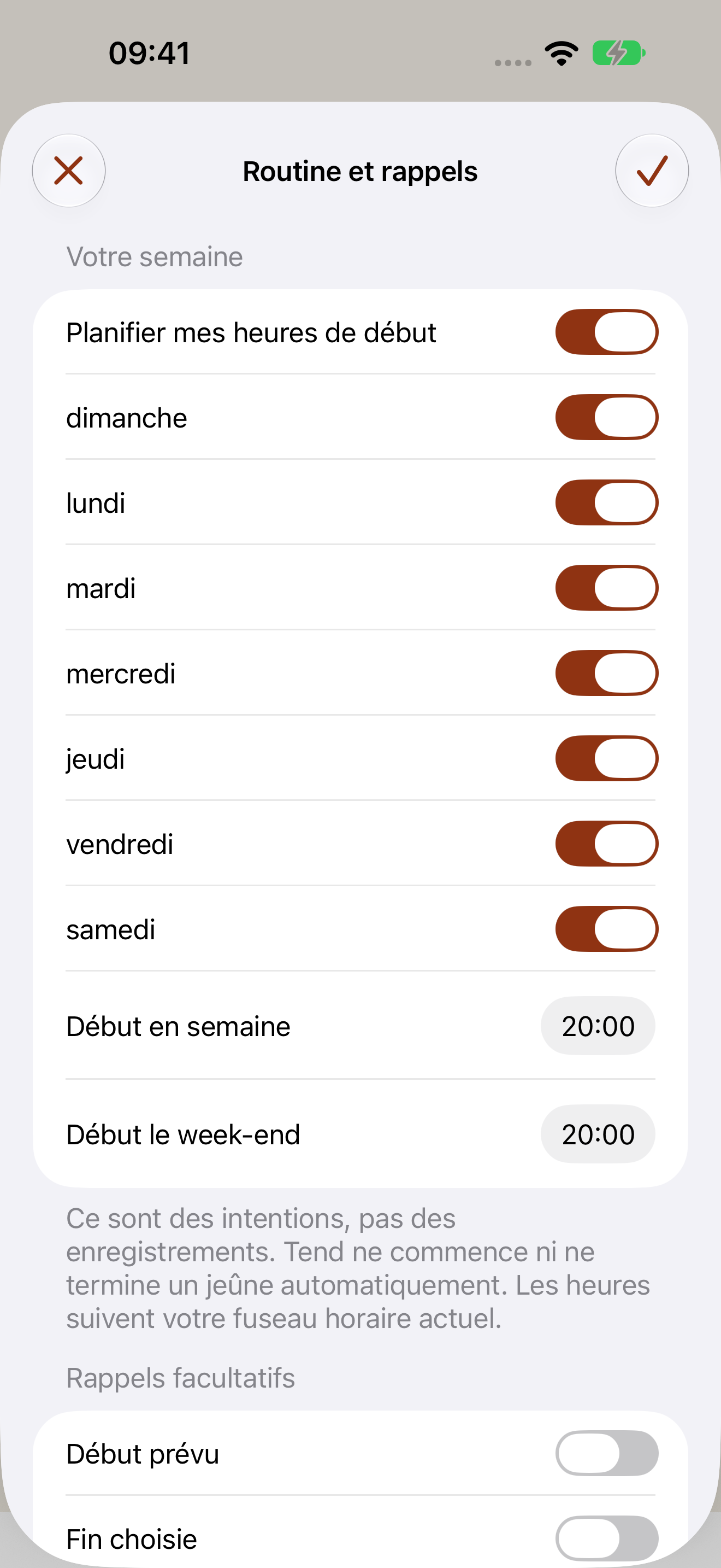 Réglages de routine Tend Fast avec jours, horaire, rappels et heures calmes