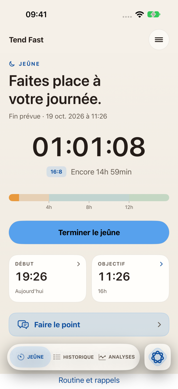 Écran de jeûne Tend Fast avec la couleur d’accent bleu